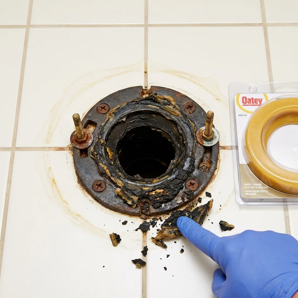 Failed wax ring showing water seepage at the base of a toilet in a De Kalb, TX home