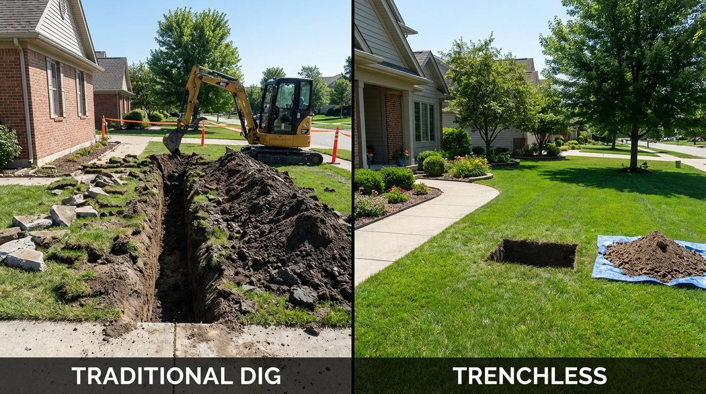 Trenchless sewer repair with minimal yard damage versus traditional excavation in De Kalb, TX