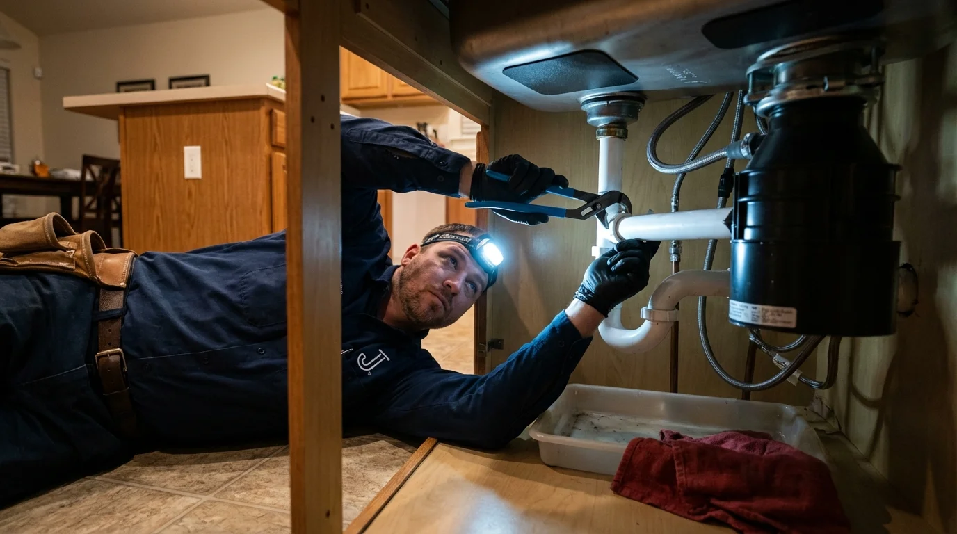 P-trap and supply line connections under a kitchen sink showing a common leak point in De Kalb, TX